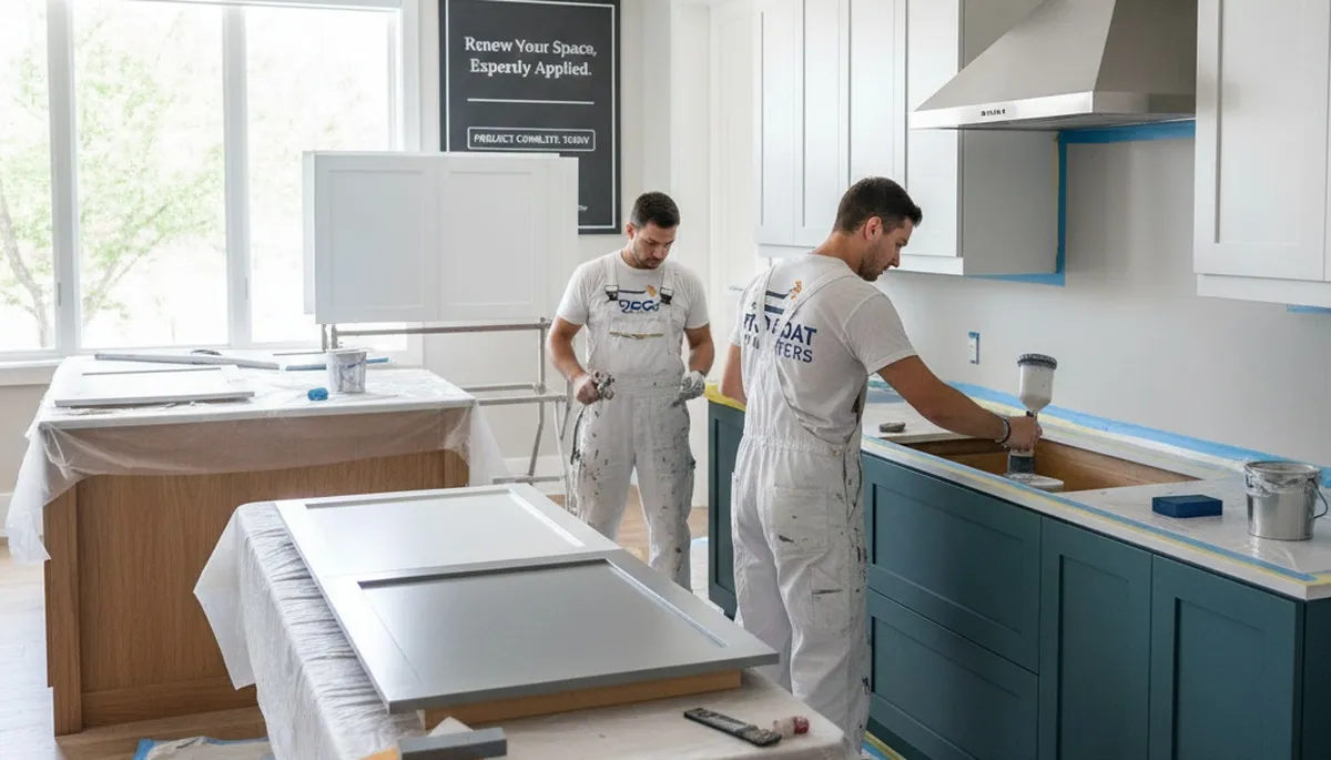 Memphis, TN cabinet painters refinishing kitchen cabinets with durable, moisture-resistant coating