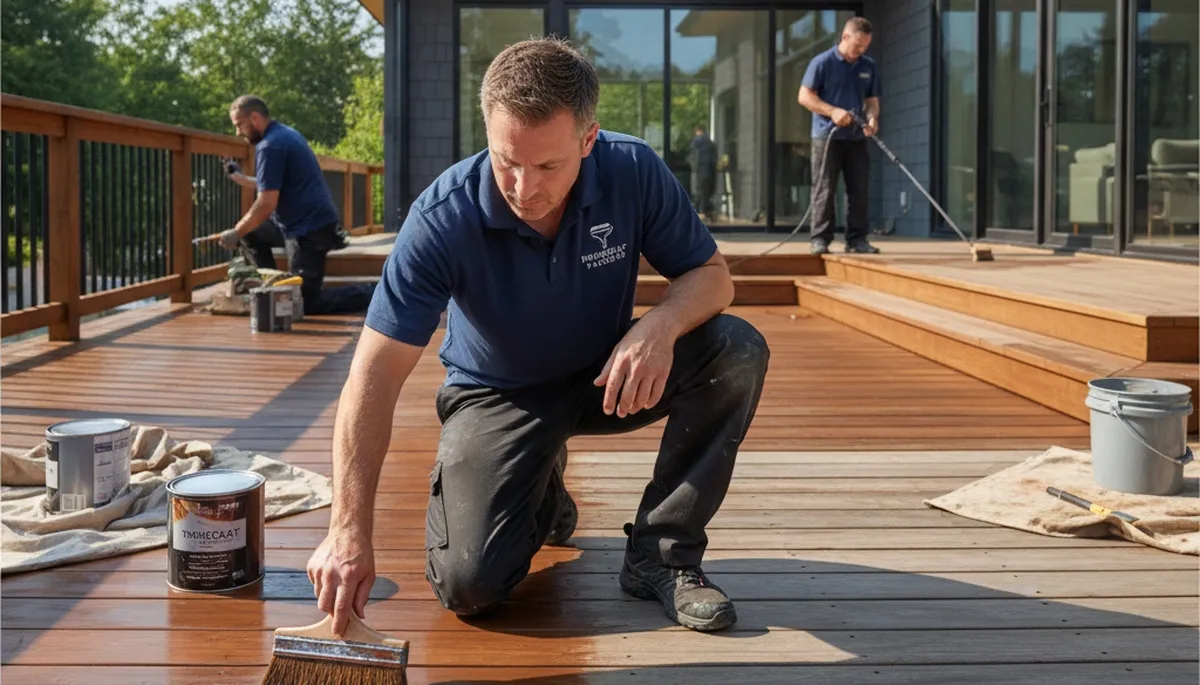 Memphis Paint Pros staining a wood deck in Memphis, TN to protect and enhance outdoor spaces